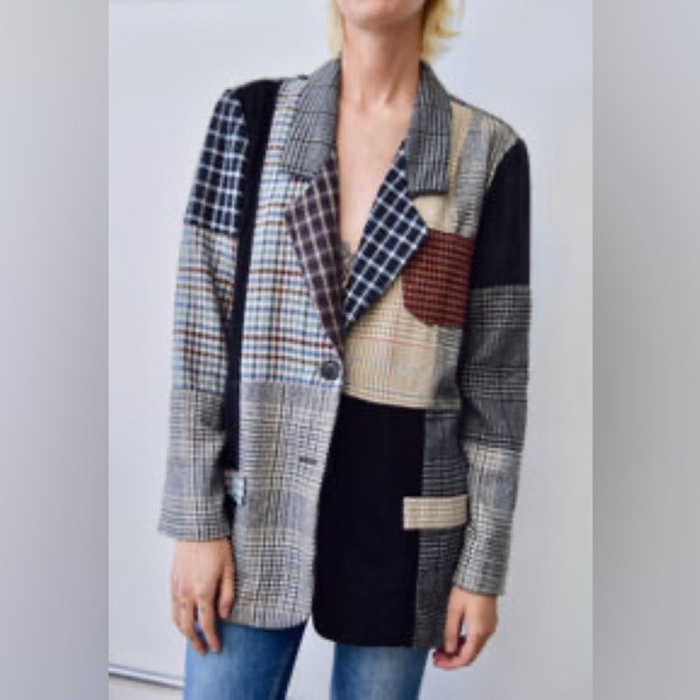 Rampage Multicolor Patchwork Vintage Pieced Wool Plaid Blazer Jacket medium